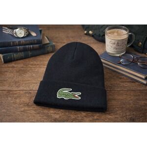 NEW Lacoste Big Crocodile Logo Men's Beanie Hat Black Wool Blend Soft Knit